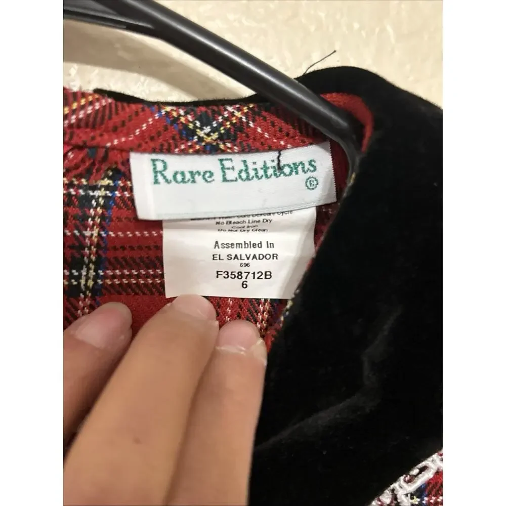 Vintage Rare Editions Dress Red Plaid Black Velvet Buttons Collar Holiday Sz 6